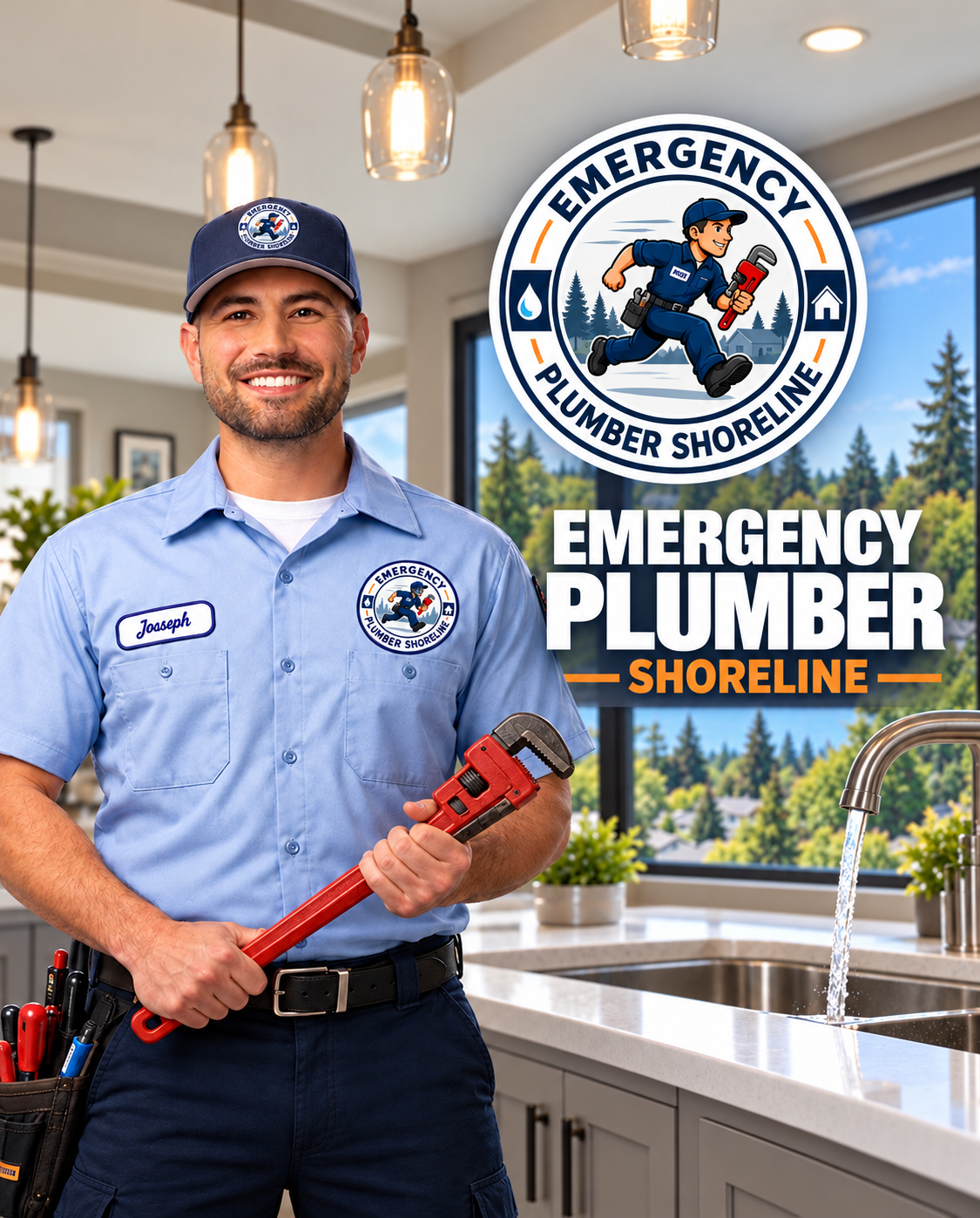 Shoreline emergency plumber holding a red pipe wrench in a kitchen, with the Emergency Plumber Shoreline logo and evergreen trees outside the window