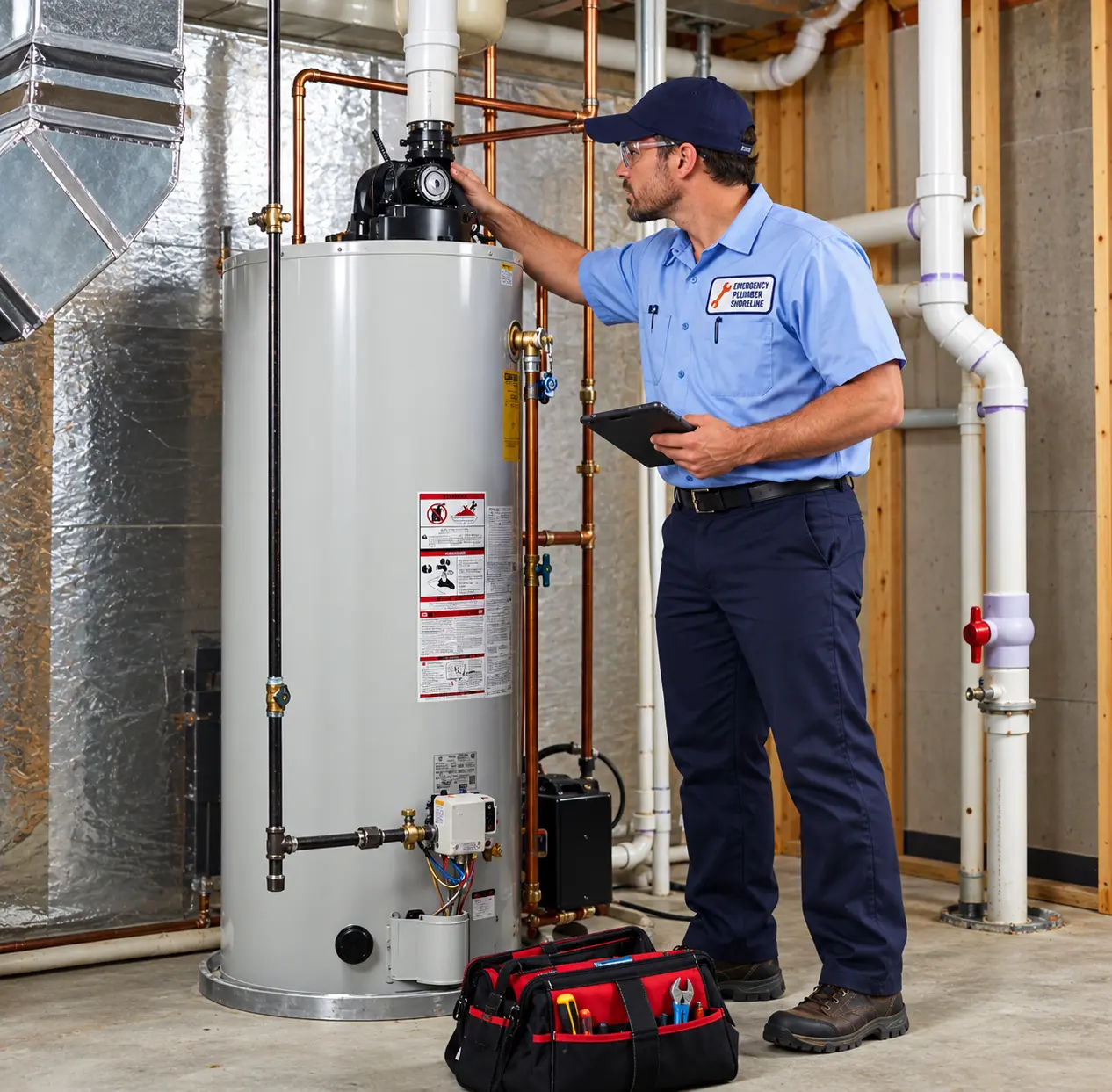Emergency Plumber Shoreline technician inspecting a gas water heater in a Shoreline basement