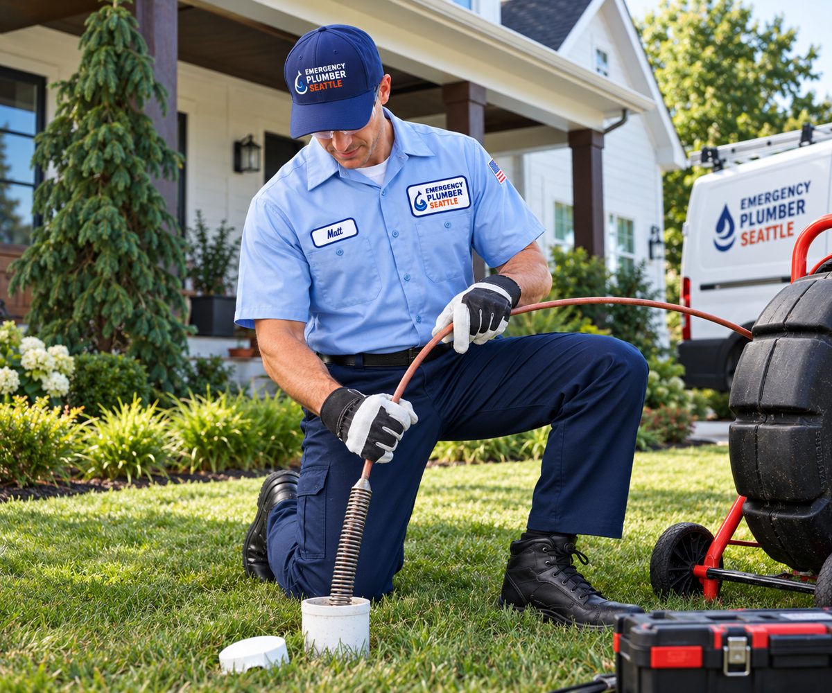 Shoreline Emergency Plumbing technician clearing a side sewer cleanout with a drain machine outside a Shoreline home